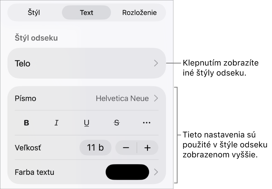 Menu Formát zobrazujúce ovládacie prvky pre nastavenie štýlov odseku a znakov, písma, veľkosti a farby.