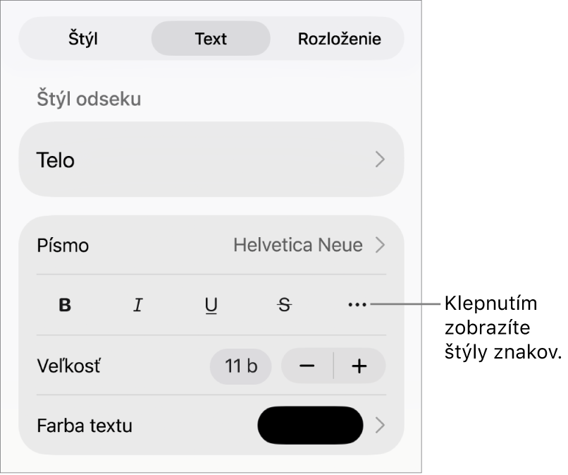 Ovládacie prvky Formát so štýlmi odseku v hornej časti, ako aj ovládacie prvky Písmo. Pod Písmom sú tlačidlá Tučné, Kurzíva, Prečiarknutie a Viac možností textu.