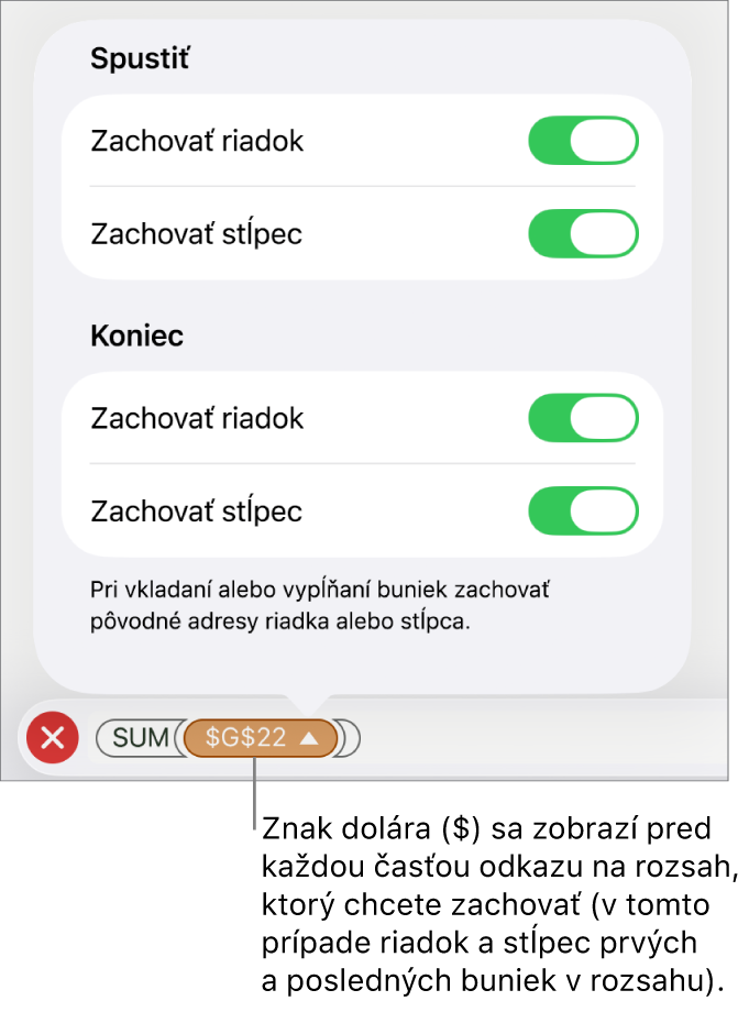 Ovládacie prvky umožňujúce zadať, ktoré z odkazov riadka a stĺpca sa majú zachovať, ak sa bunka presunie alebo skopíruje. Pred každým odkazom na rozsah, ktorý chcete zachovať, sa zobrazí symbol dolára.