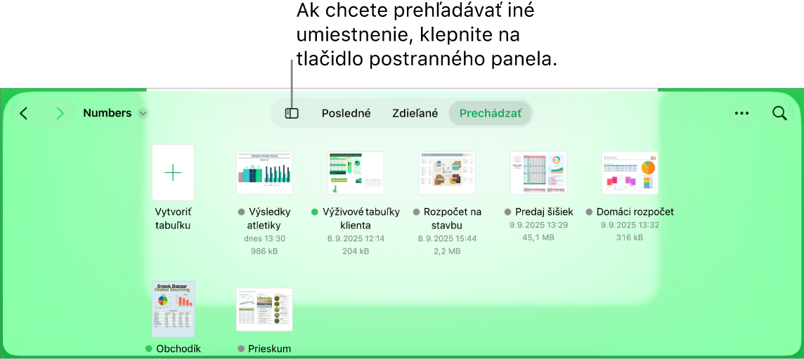 Prehľadávacie zobrazenie správcu dokumentov s tlačidlom postranného panela v ľavom hornom rohu. Vpravo hore sú tlačidlá Pridať, Nový priečinok, Ikony (na zoradenie podľa názvu, dátumu, veľkosti alebo značky), tlačidlo Vybrať a tlačidlo Hľadať.