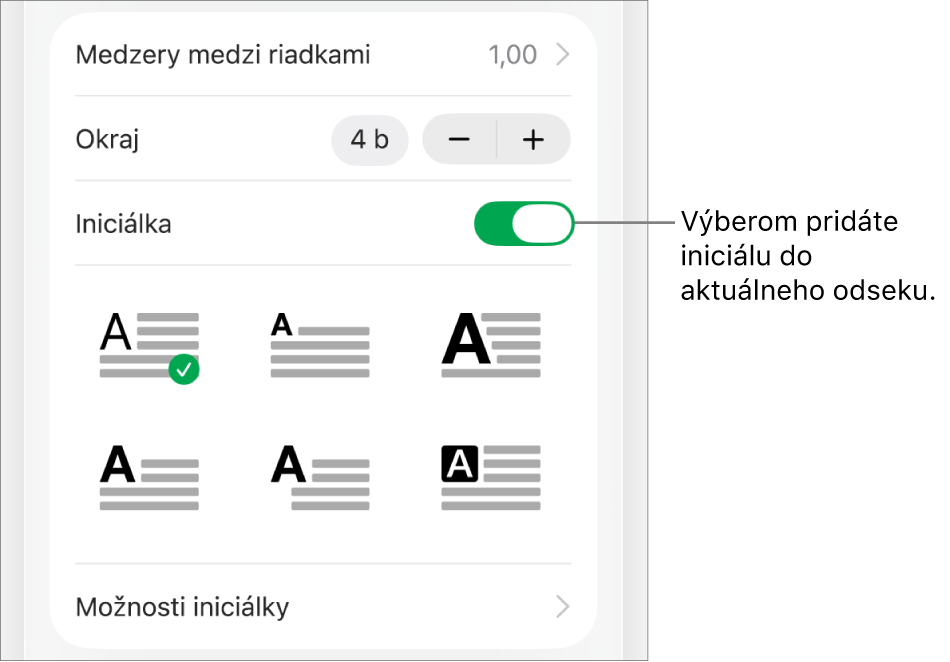 Ovládacie prvky Iniciálka v menu Text.