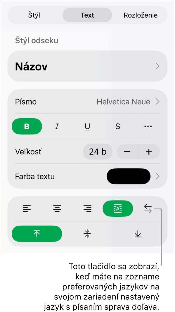 Časť Štýl tlačidla menu Formát s bublinou popisujúcou tlačidlo Sprava doľava.