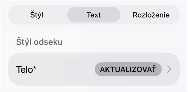 Štýl odseku s hviezdičku a tlačidlom Aktualizovať napravo.