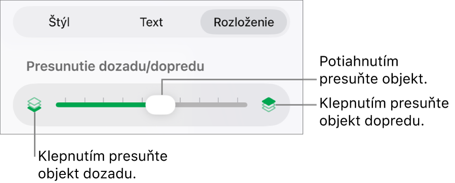 Tlačidlo Presunúť dozadu, tlačidlo Presunúť dopredu a posuvník vrstiev.