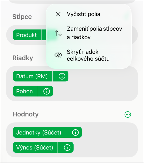 Menu Ďalšie možnosti poľa zobrazujúce ovládacie prvky na skrytie celkových súčtov, zámenu stĺpcových a riadkových polí a vymazanie polí.