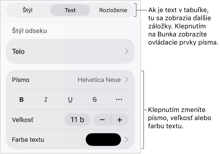 Ovládacie prvky textu v menu Formát pre nastavenie štýlov, písma, veľkosti a farby odsekov a znakov.
