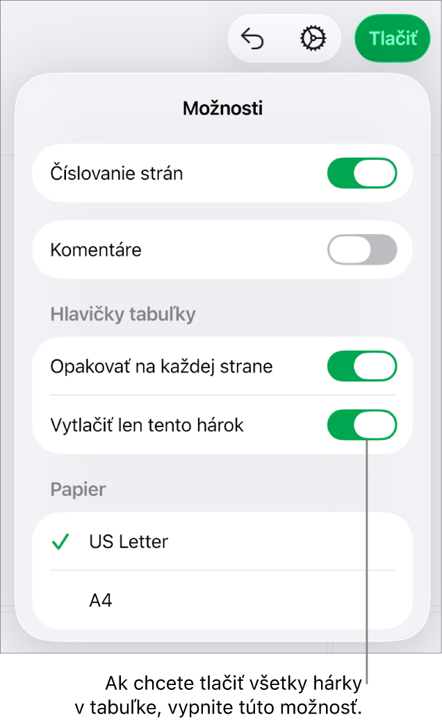 Panel náhľadu tlače s ovládacími prvkami na zobrazenie čísel strán, opakovanie hlavičiek na každej strane, zmenu veľkosti papiera a výber tlače celej tabuľky alebo len aktuálneho hárka.