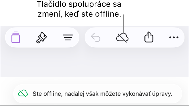 Tlačidlá v hornej časti obrazovky s tlačidlom Spolupráca zmeneným na obláčik s diagonálnou čiarou. Upozornenie na obrazovke s oznámením Ste offline, ale naďalej môžete upravovať.