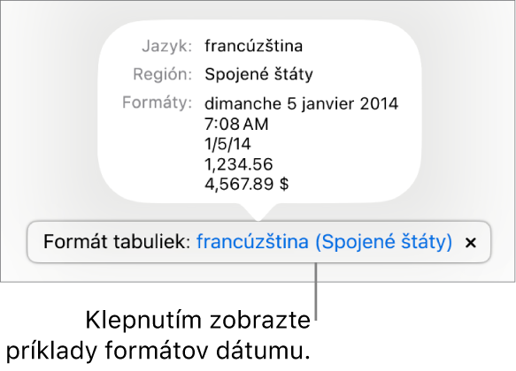 Hlásenie o inom jazyku a nastavení regiónu zobrazujúce príklady formátovania v danom jazyku a regióne.