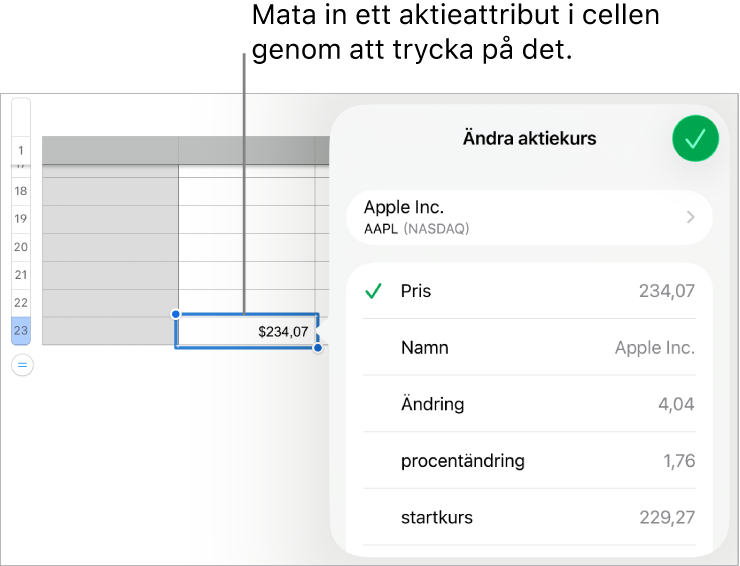 Popovern för aktiekurs med aktienamnet högst upp och valbara aktieattribut, bland annat pris, namn, ändring, procentändring, startkurs och högsta, i en lista nedanför.