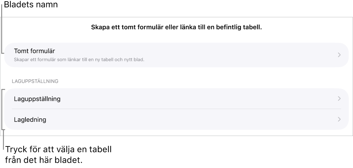 En lista med tabeller som finns i samma kalkylblad med möjligheten att skapa ett tomt formulär högst upp.