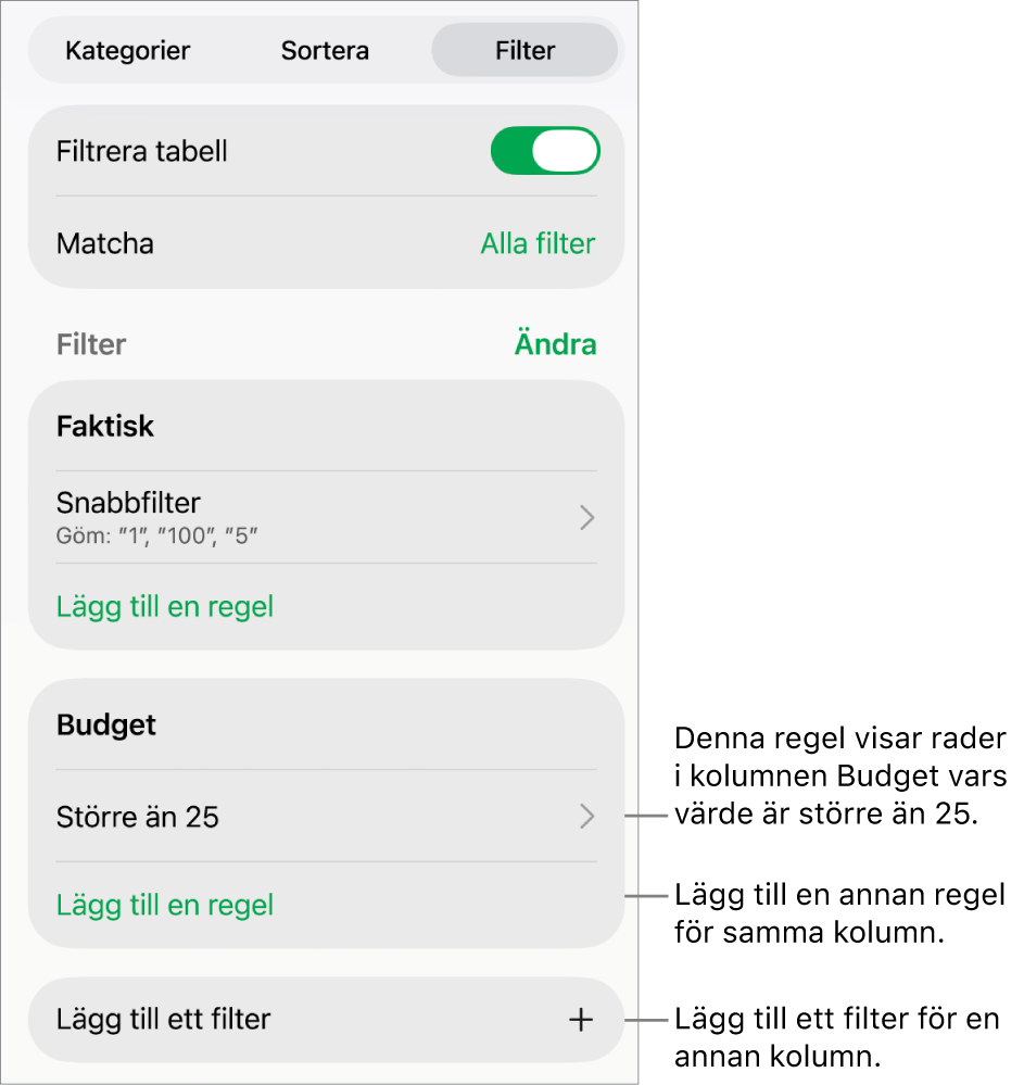 Reglage för att lägga till nya filtreringsregler eller redigera befintliga.