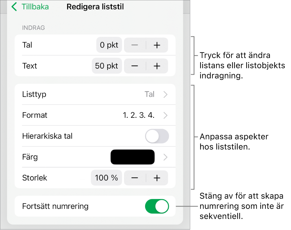 Menyn Redigera liststil med reglage för indragningsavstånd, listtyp och format, hierarkisk numrering, listfärg och -storlek samt kontinuerlig numrering.