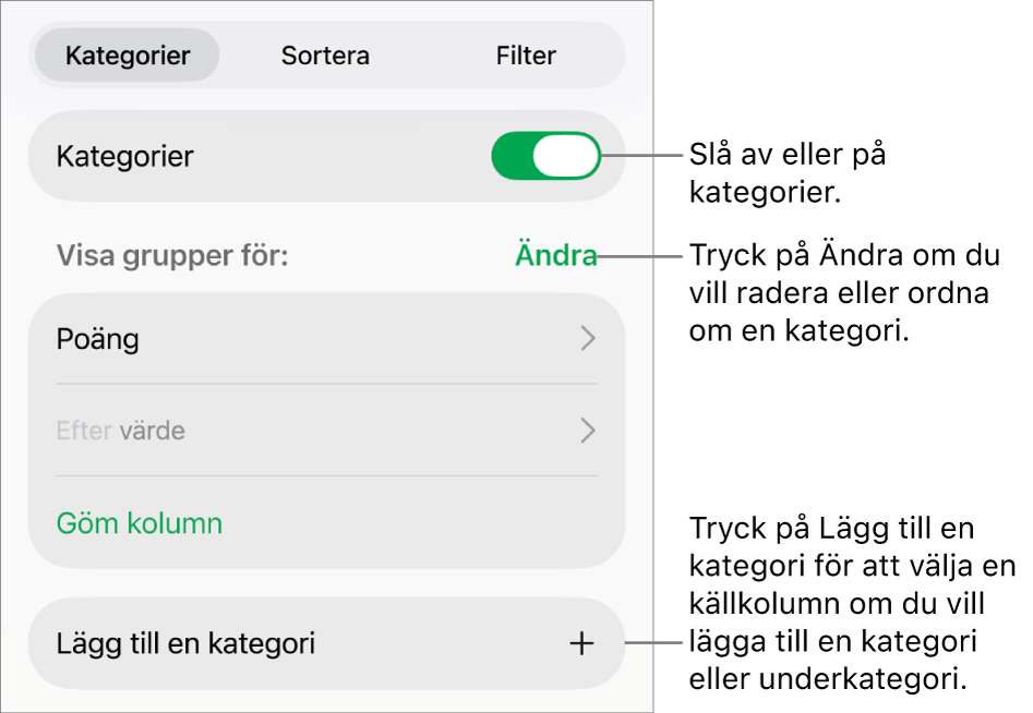 Menyn Kategorier för iPad med alternativ för att slå av kategorier, radera kategorier, gruppera om data, gömma en källkolumn och lägga till kategorier.