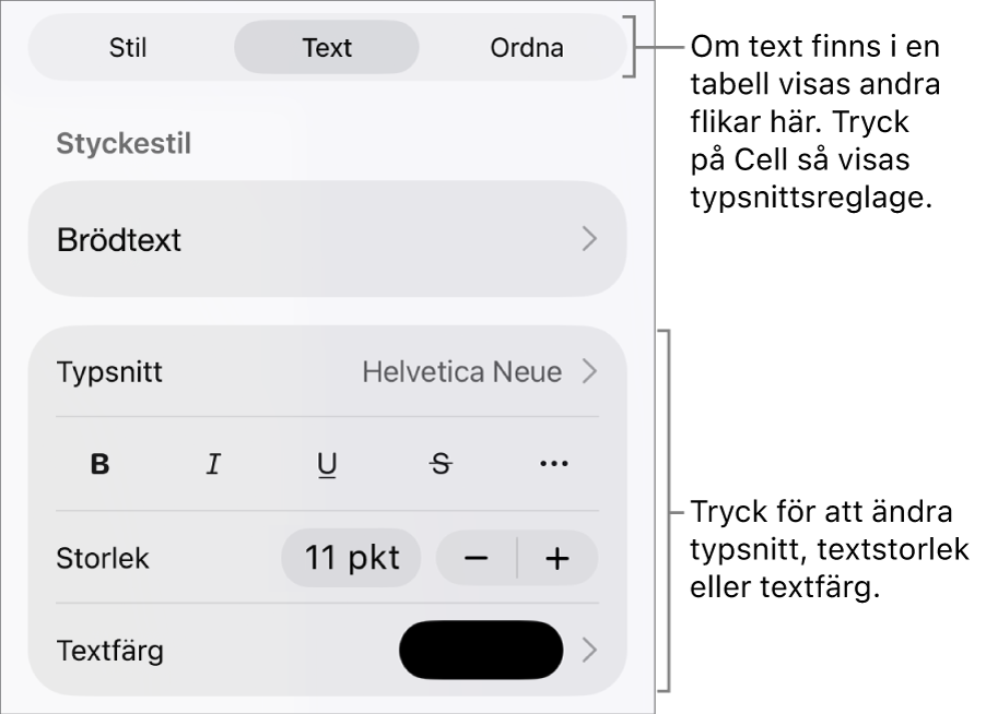 Textreglage i menyn Format för att ställa in stycke- och teckenstilar, typsnitt, storlek och färg.