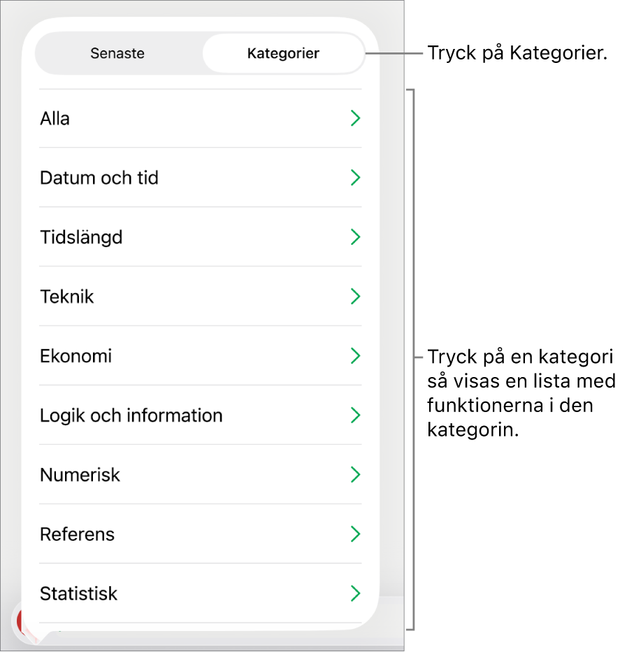 Funktionsbläddraren med knappen Kategorier markerad och listan över kategorier nedanför.