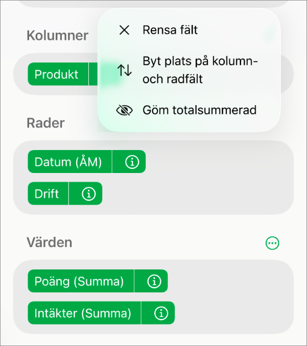 Menyn Fler fältalternativ som visar reglagen för att gömma totalsummor, byta plats på kolumn- och radfält och rensa fält.