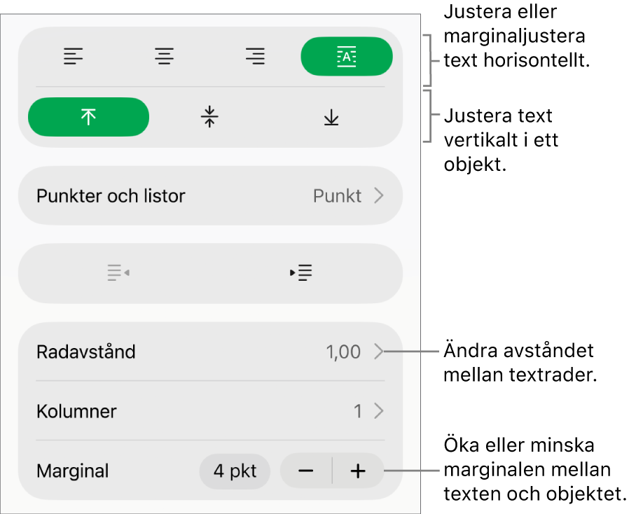 Layoutavsnittet i formatgranskaren med pilar som pekar på knapparna för textjustering och mellanrum.