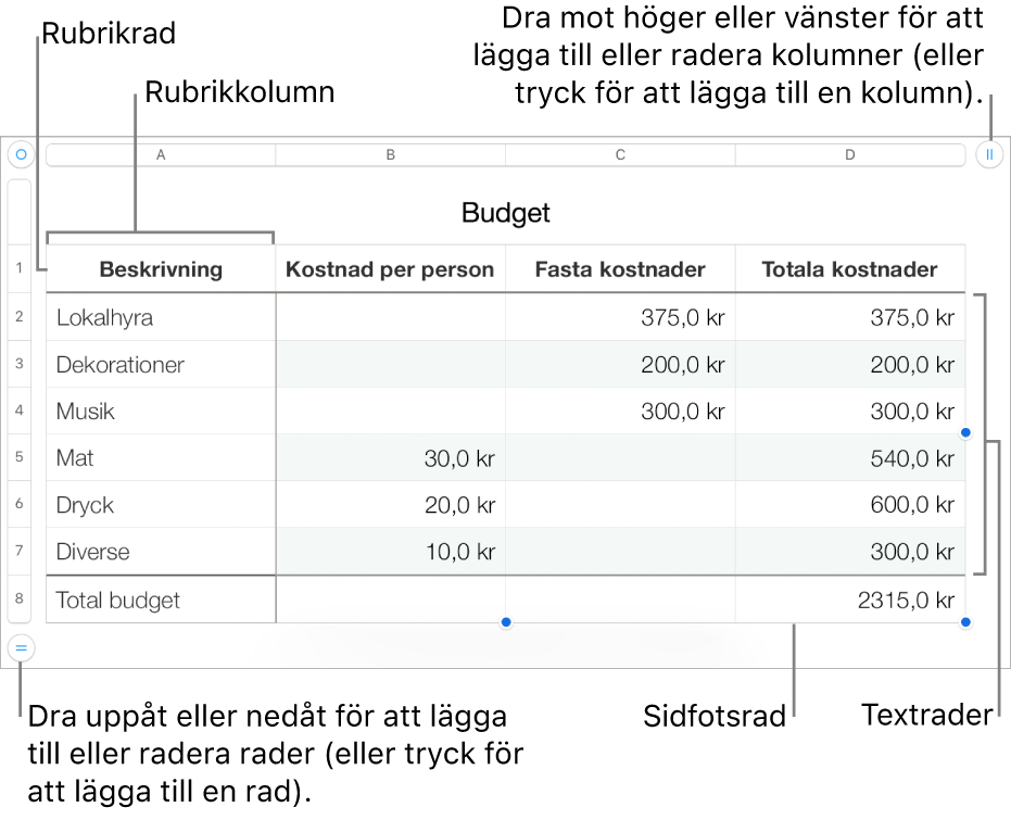 En tabell med rubrik-, text- och sidfotsrader och -kolumner, och handtag för att lägga till eller ta bort rader och kolumner.