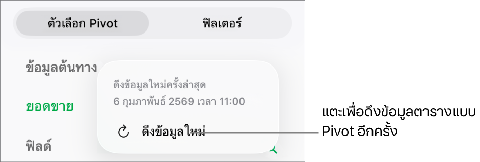 เมนูตัวเลือก Pivot ที่แสดงตัวเลือกสำหรับดึงข้อมูลตารางแบบ Pivot ใหม่