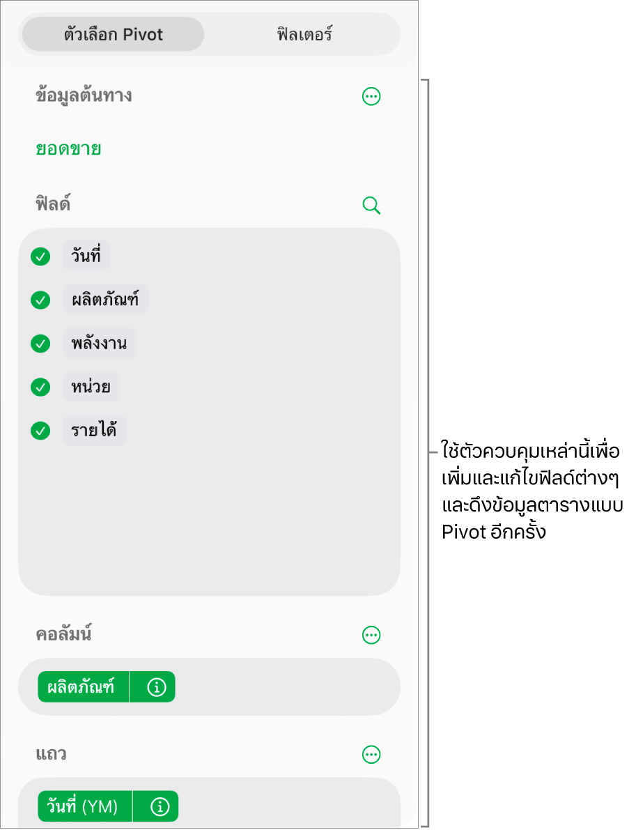 เมนูตัวเลือก Pivot ที่แสดงฟิลด์ในส่วนคอลัมน์ ส่วนแถว และส่วนค่า รวมถึงตัวควบคุมสำหรับแก้ไขฟิลด์