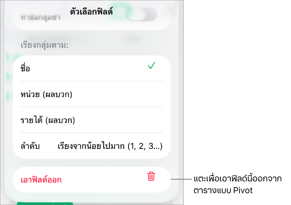 เมนูตัวเลือกฟิลด์ ที่แสดงตัวควบคุมสำหรับการจัดกลุ่มและการเรียงข้อมูล รวมถึงตัวเลือกในการเอาฟิลด์ออก