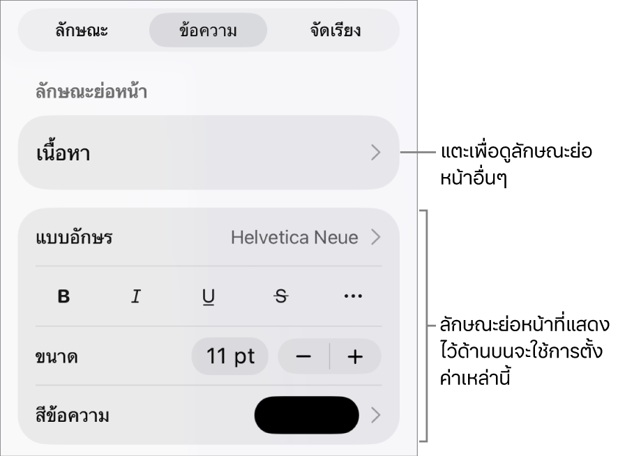 เมนูรูปแบบที่แสดงตัวควบคุมข้อความสำหรับการตั้งค่าลักษณะย่อหน้าและลักษณะอักขระ แบบอักษร ขนาด และสี