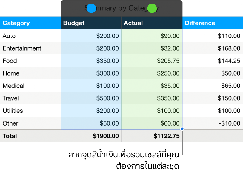 เซลล์ตารางที่แสดงชุดของขอบจับส่วนที่เลือก