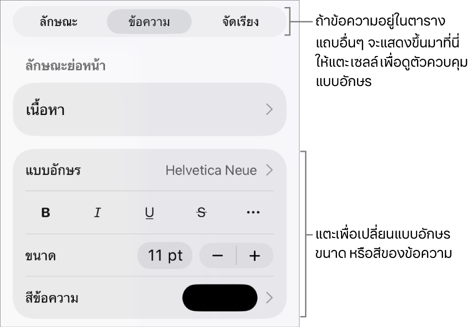 ตัวควบคุมข้อความในเมนูรูปแบบสำหรับตั้งค่าลักษณะ แบบอักษร ขนาด และสีของย่อหน้าและอักขระ