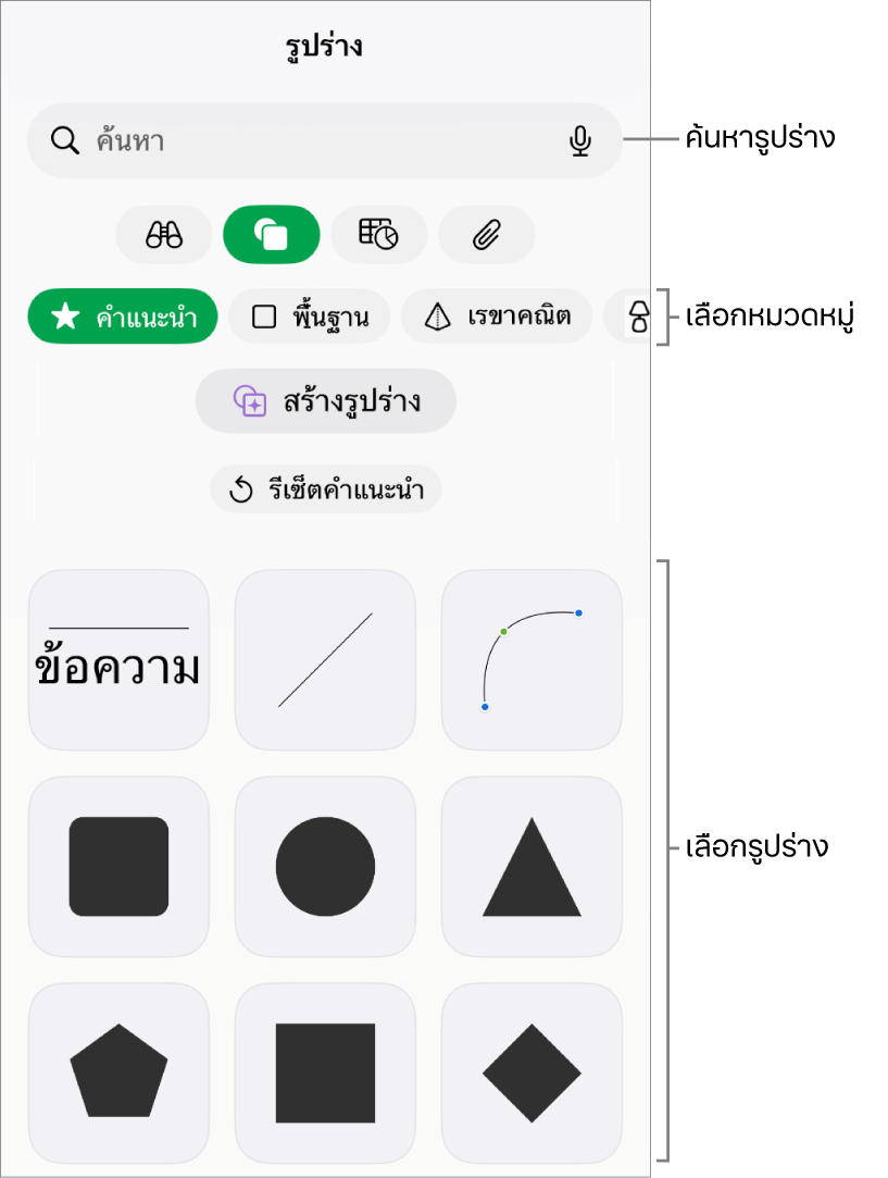 คลังรูปร่าง ซึ่งมีหมวดหมู่อยู่ด้านบนสุดและมีรูปร่างแสดงอยู่ด้านล่าง คุณสามารถใช้ช่องค้นหาที่ด้านบนสุดเพื่อค้นหารูปร่างแล้วปัดเพื่อดูเพิ่มเติมได้
