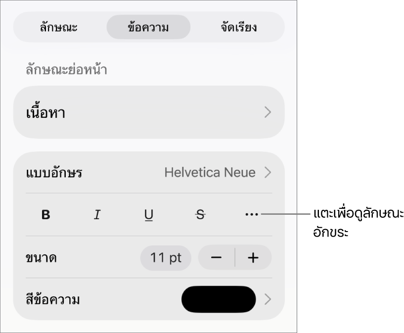 ตัวควบคุมรูปแบบที่มีลักษณะย่อหน้าด้านบนสุดและตัวควบคุมแบบอักษร ด้านล่างแบบอักษรคือปุ่มตัวหนา ปุ่มตัวเอียง ปุ่มขีดเส้นใต้ ปุ่มขีดทับ และปุ่มตัวเลือกข้อความเพิ่มเติม