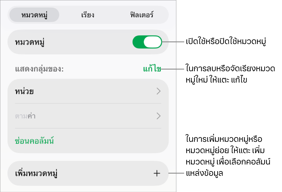 เมนูหมวดหมู่สำหรับ iPad พร้อมตัวเลือกสำหรับปิดใช้หมวดหมู่ ลบหมวดหมู่ จัดกลุ่มข้อมูลอีกครั้ง ซ่อนคอลัมน์แหล่งข้อมูล และเพิ่มหมวดหมู่