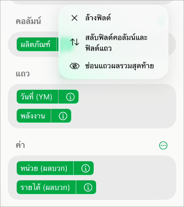 เมนูตัวเลือกฟิลด์เพิ่มเติม ที่แสดงตัวควบคุมสำหรับซ่อนผลรวมสุดท้าย สลับฟิลด์คอลัมน์และฟิลด์แถว และล้างฟิลด์