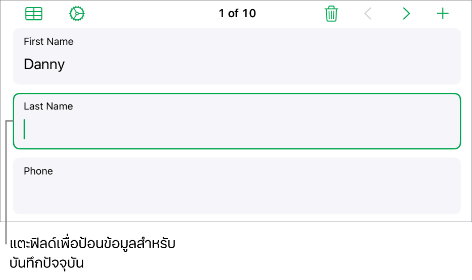 บันทึกในแบบฟอร์มที่แสดงฟิลด์ที่ใช้งานอยู่ซึ่งมีจุดแทรก