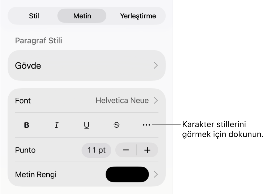 En üstteki paragraf stilleri ile Biçim denetimleri, ardından Font denetimleri. Font’un altında Kalın, İtalik, Altı Çizgili, Üstü Çizgili ve Daha Fazla Metin Seçeneği düğmeleri bulunur.