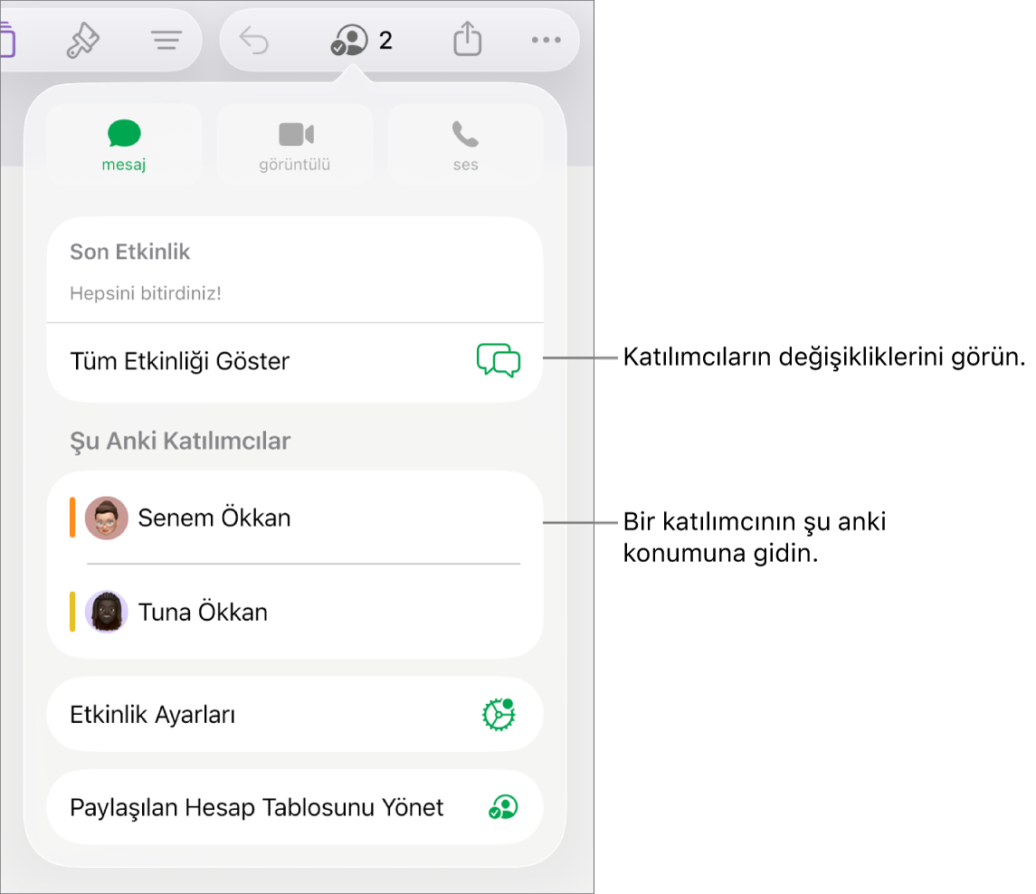 Ortak çalışma menüsünde güncel katılımcılar listeleniyor.