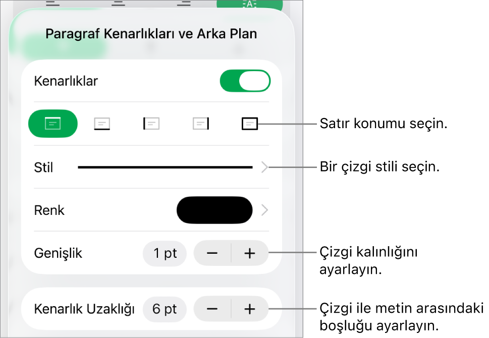 Çizgi stilini, kalınlığını, konumunu ve rengini değiştirmeye yönelik denetimler.