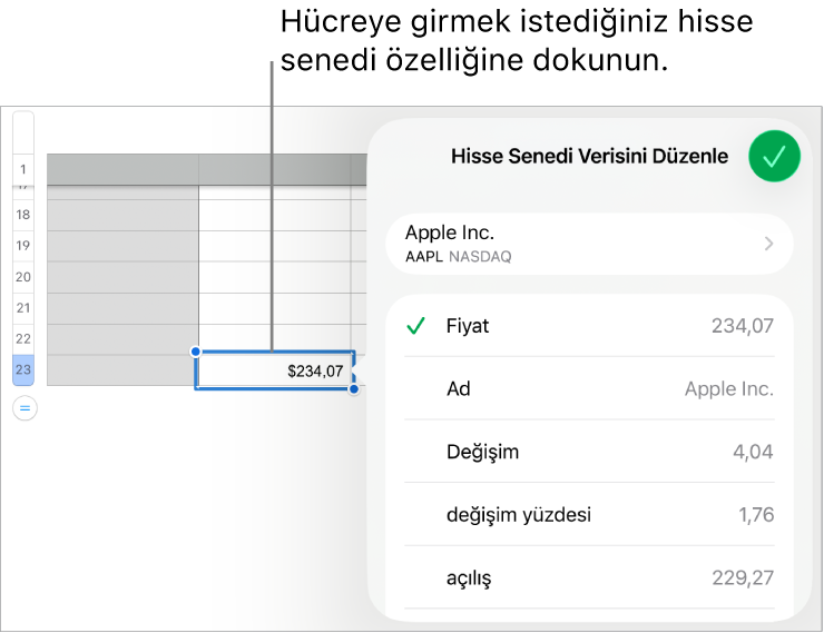 En üstte hisse senedi adı ve onun altında fiyat, ad, değişim, değişim yüzdesi, açılış ve yüksek de dahil olmak üzere seçilebilir hisse senedi özellikleri listelenmiş hisse senedi verisi üst öğesi.
