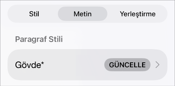 Yanında yıldız ve sağda Güncelle düğmesinin olduğu bir paragraf stili.