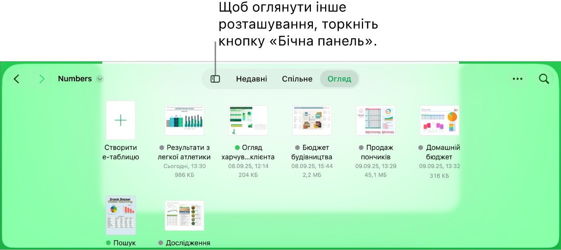 Якщо менеджер документів перебуває в режимі огляду, у верхньому лівому куті відображатиметься посилання на місце, а під ним — поле пошуку. У верхньому правому кутку є кнопки «Додати е‑таблицю», «Створити папку», спливне меню для вибору режиму списку чи іконок, а також для фільтрування за назвою, датою, розміром, типом і тегом, а також кнопка «Вибрати». Нижче відображаються мініатюри наявних е‑таблиць.