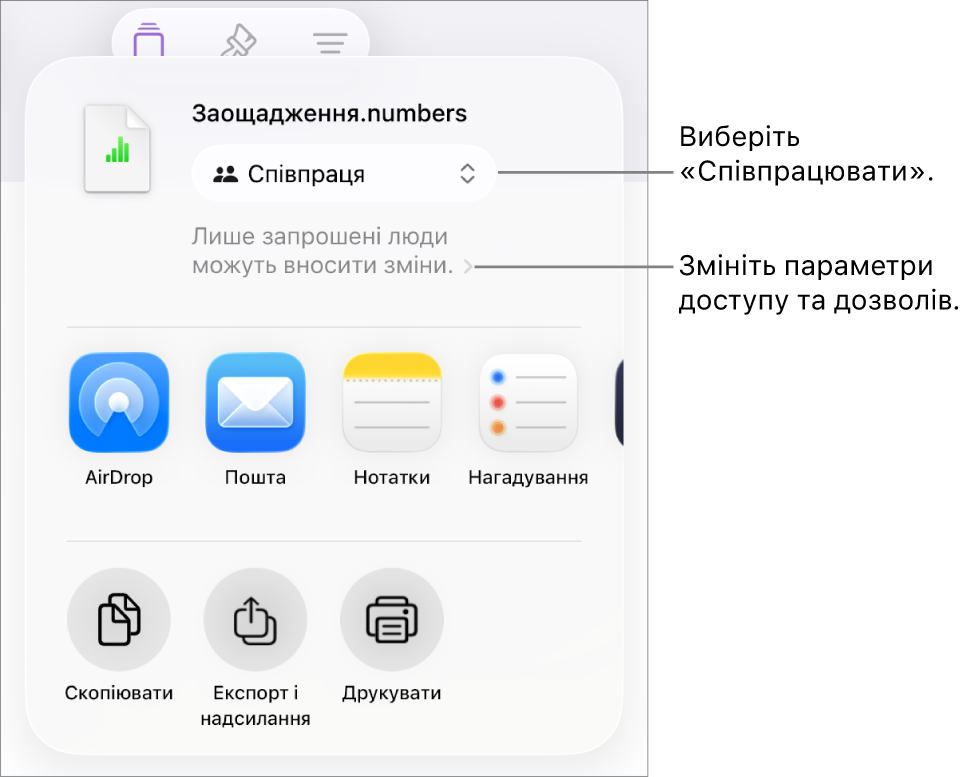 Меню «Поширити» з вибраним угорі елементом «Співпраця», а також параметрами доступу й дозволів унизу.