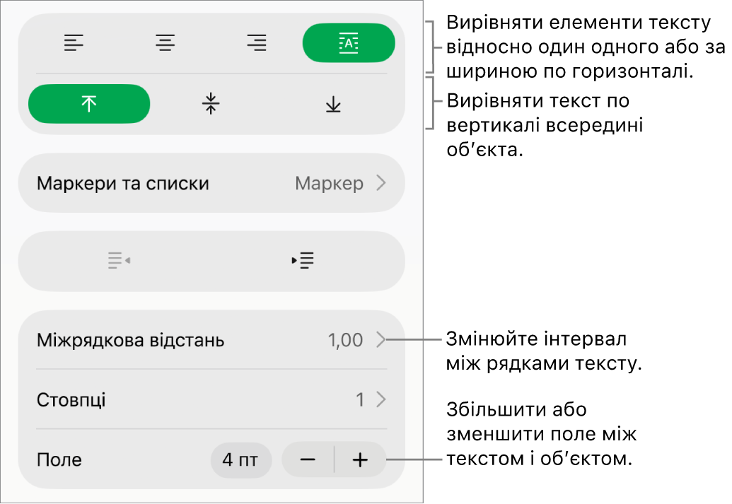 Розділ «Макет» в інспекторі форматування з виносками на кнопки вирівнювання та визначення інтервалів.