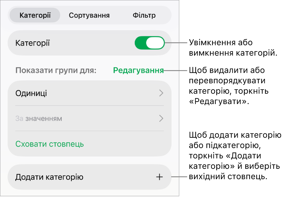 Меню категорій для iPad містить опції для вимикання й видалення категорій, перегрупування даних, приховування вихідного стовпця й додавання категорій.