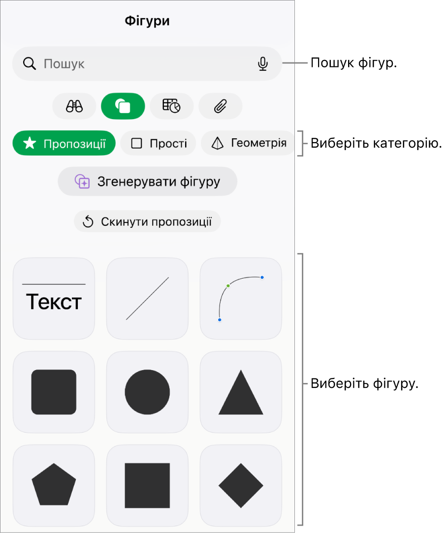 Бібліотека фігур із категоріями вгорі вікна та фігурами внизу. Натисніть поле пошуку, щоб знайти потрібну фігуру, або посувайте для відображення інших варіантів.