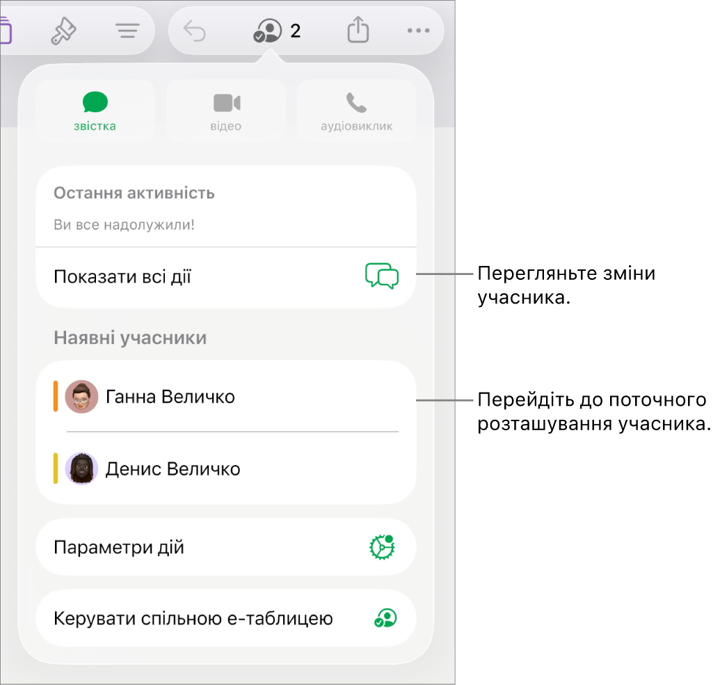 Меню «Співпраця», у якому зазначені поточні учасники.