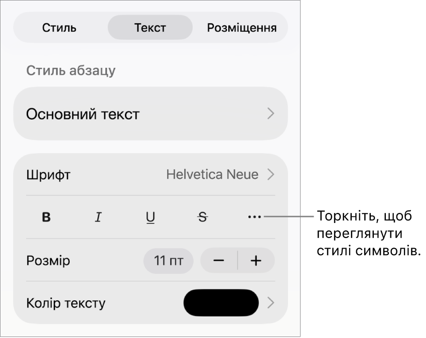 Елементи керування форматуванням зі стилями абзаців вгорі і елементи керування шрифтом нижче. В елементах керування шрифтом є кнопки «жирний», «курсив», «підкреслений», «перекреслений» та інші опції тексту.