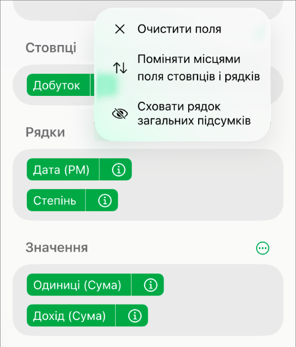 Меню «Додаткові опції полів» з елементами керування для приховання загальних підсумків, заміни місцями полів стовпців і рядків та очищення полів.
