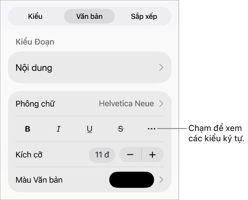 Các điều khiển Định dạng với các kiểu đoạn ở trên cùng, sau đó là các điều khiển Phông chữ. Bên dưới Phông chữ là các nút In đậm, In nghiêng, Gạch chân, Gạch xuyên và Tùy chọn văn bản khác.