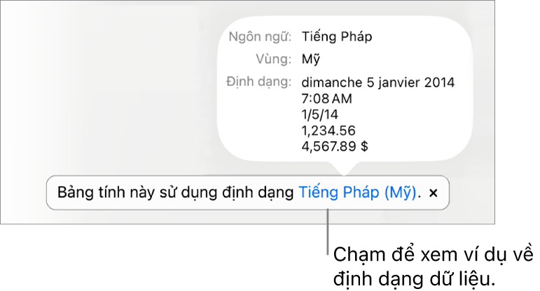 Thông báo về cài đặt ngôn ngữ và vùng khác, đang hiển thị các ví dụ về định dạng trong ngôn ngữ và vùng đó.
