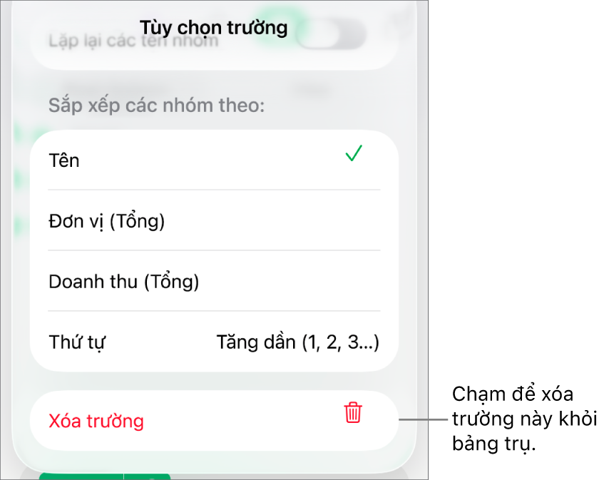 Menu Tùy chọn trường, đang hiển thị các điều khiển để nhóm và sắp xếp dữ liệu cũng như tùy chọn để xóa trường.